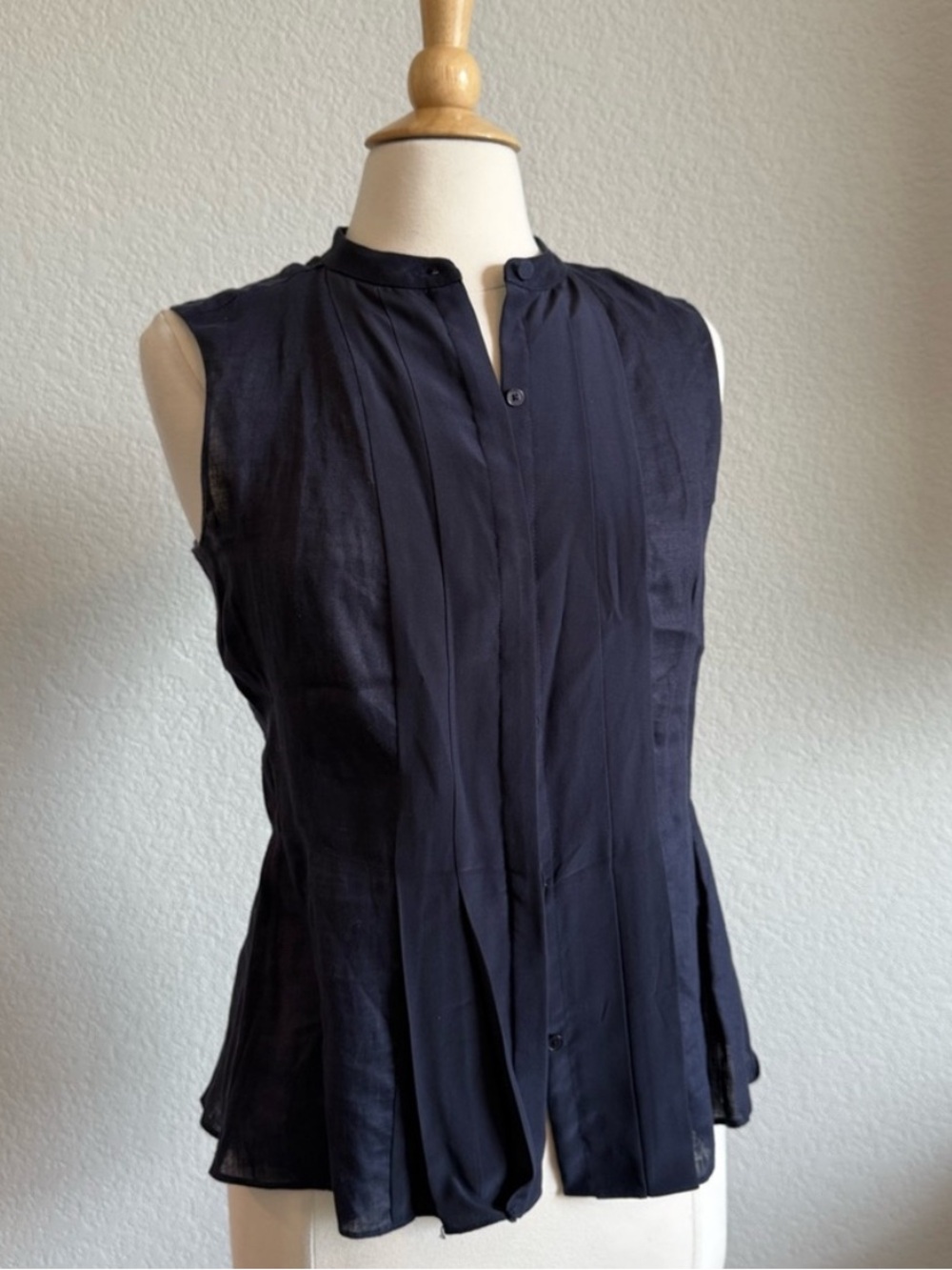 Tory Burch Navy Sleeveless Pleated Front Blouse
